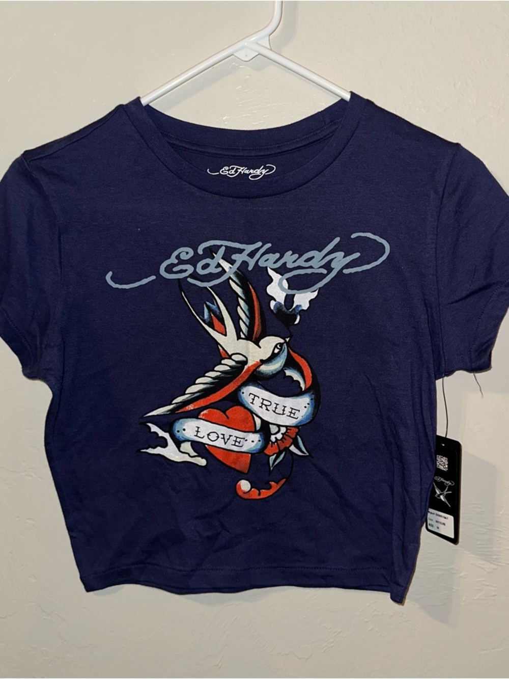 Ed Hardy Navy & Red Swallow 'True Love' Graphic Crop Tee